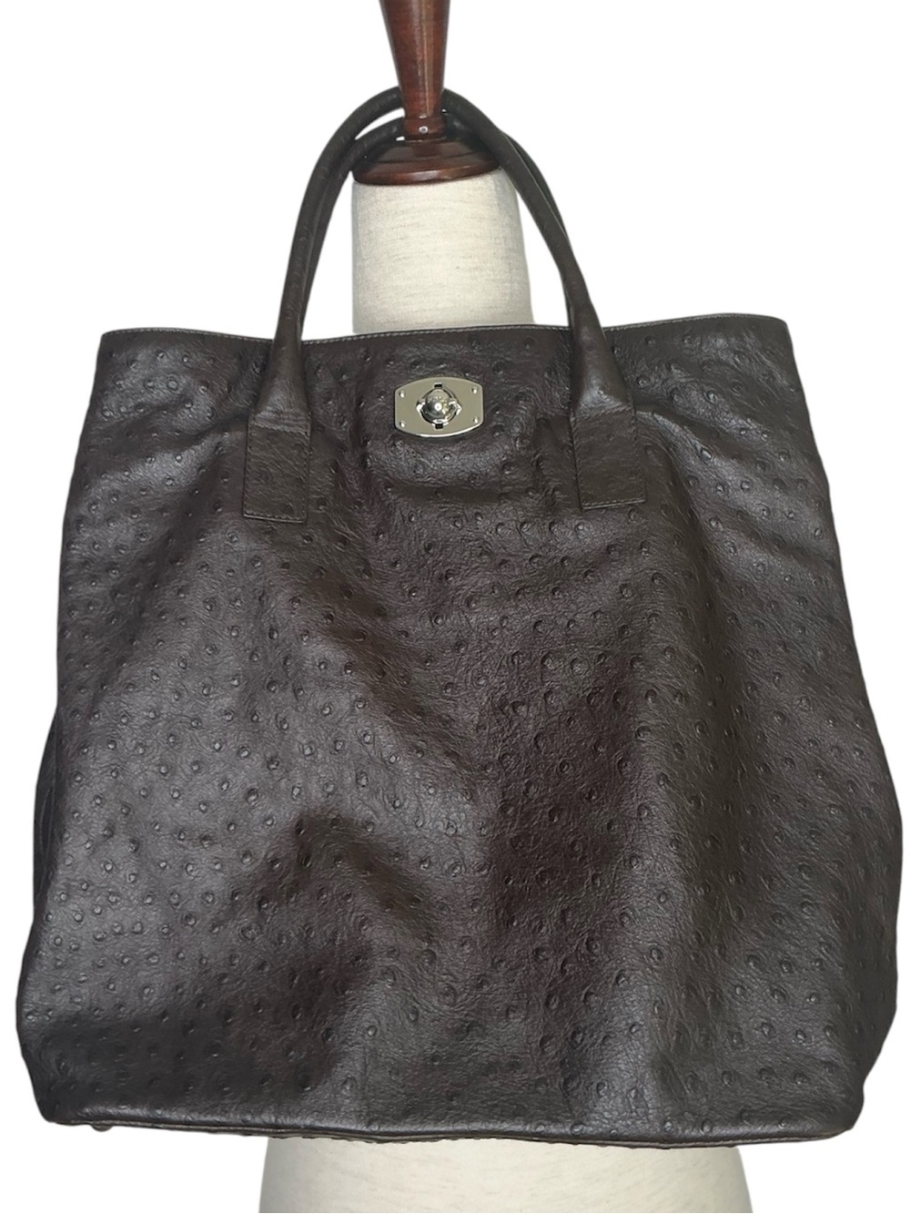 Furla New Appaloosa Ostrich Embossed Leather Tote Bag Coffee Brown